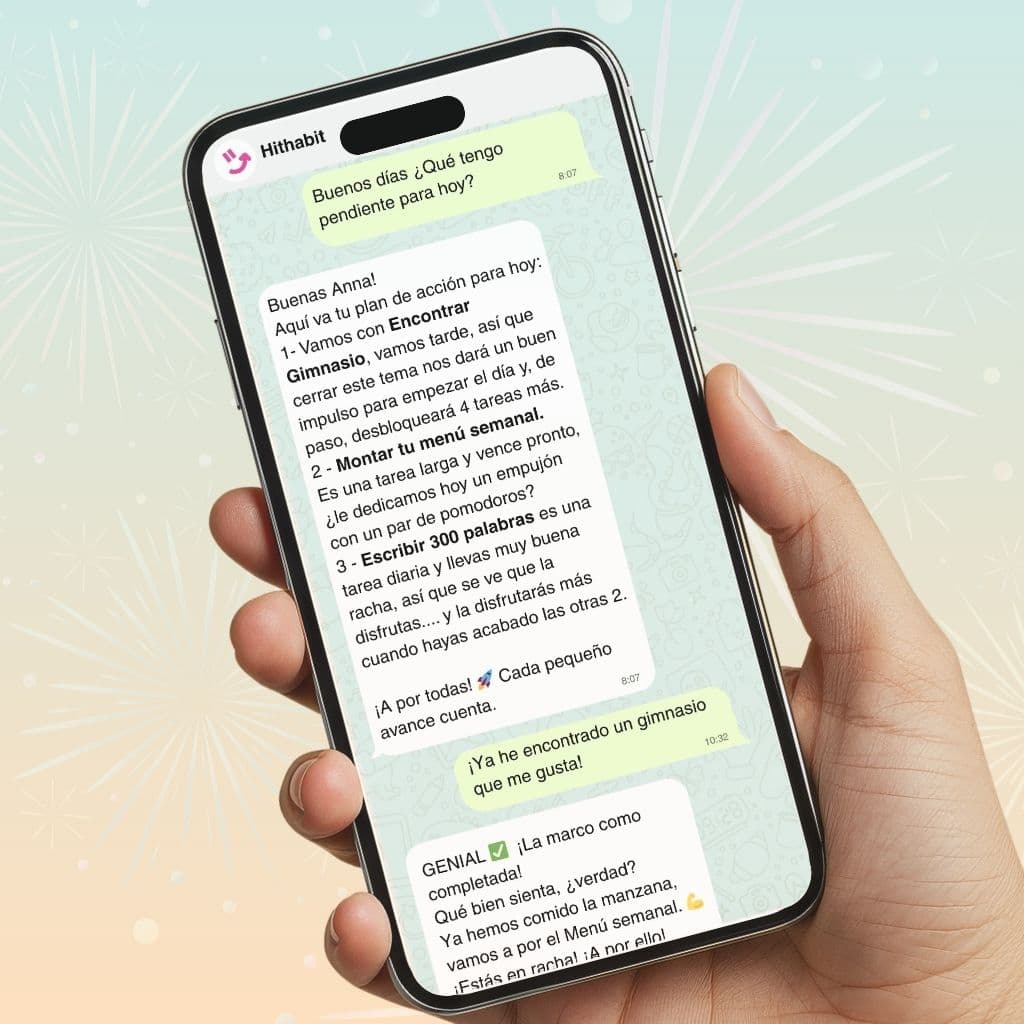 Conversación de coaching de Hithabit por chat: planifica tu día, recibe empujones de HitCoach y celebra cada logro